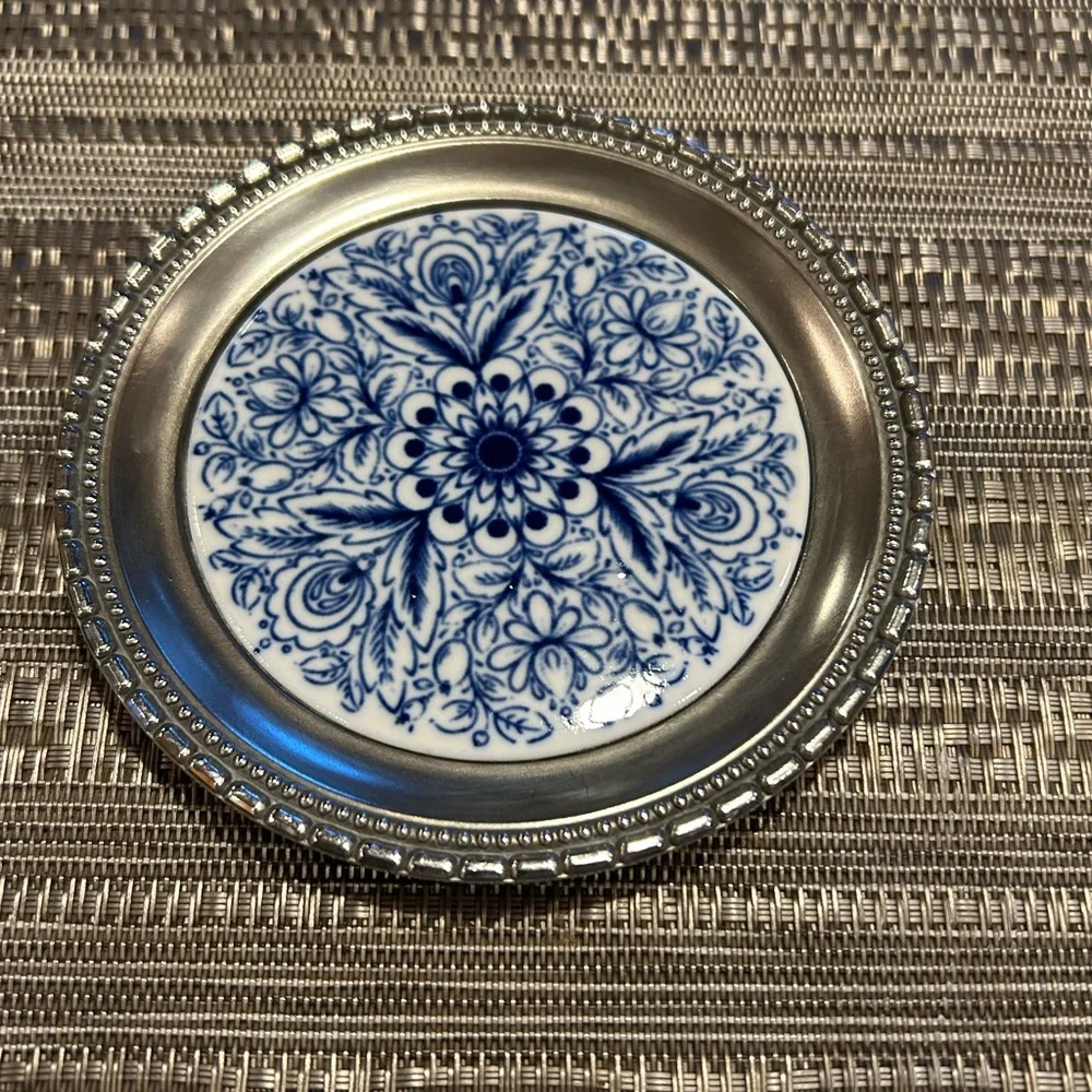 Handcast Pewter&Tile Coasters 4” Blue Porcelain Inlay. Set of 2 Made in Holland
